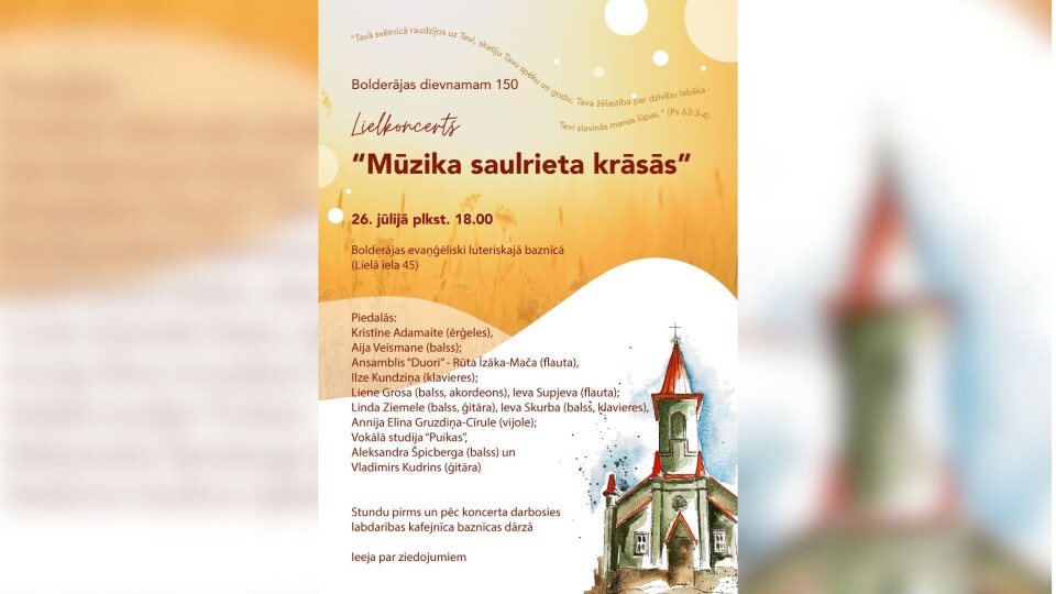 Bolderājas draudze aicina uz lielkoncertu “Mūzika saulrieta krāsās”