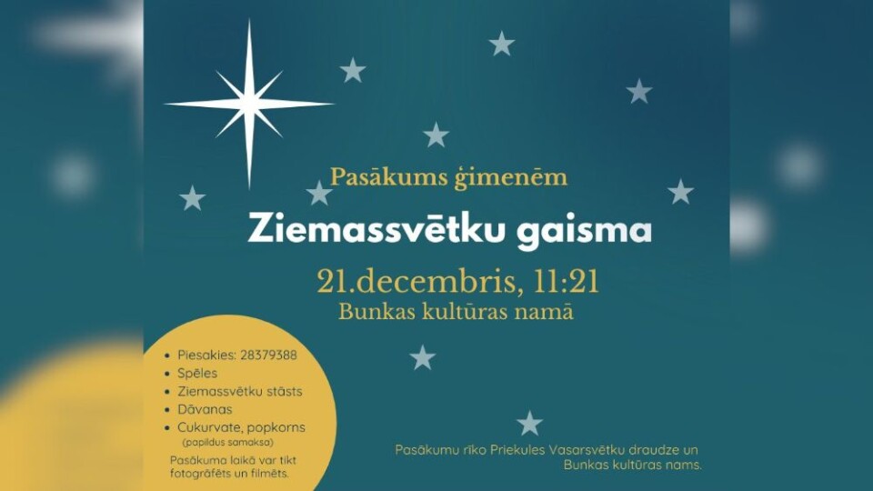 Bunkas kultūras namā notiks pasākums ģimenēm "Ziemassvētku gaisma"